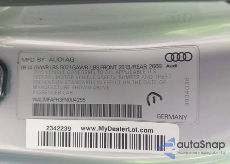 2015 Audi A5 2.0T Premium from USA, damaged, VIN WAUMFAFH3FN004295